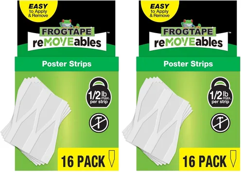 Vista 13 de FrogTape reMOVEables - Tiras para colgar pósteres, sin daños, ganchos extraíbles para pósteres, cinta adhesiva adhesiva para pared, alternativa