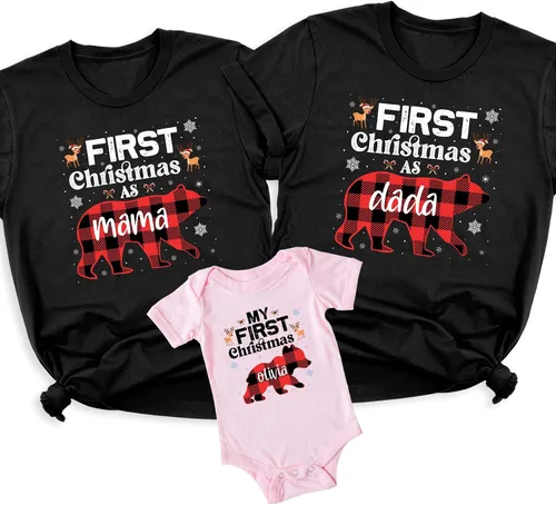 Vista 7 de First Christmas as Mama Dad Baby Bear Shirts, Custom Family Matching Christmas Outfits, Buffalo Plaid Bear Mom Dad Baby T Shirt White