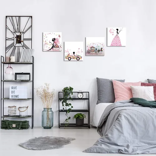 Vista 4 de iKNOW FOTO 4 piezas de lienzo rosa para pared, diseño de hadas y mariposas voladoras, estirado y enmarcado, listo para colgar, obras de arte giclée