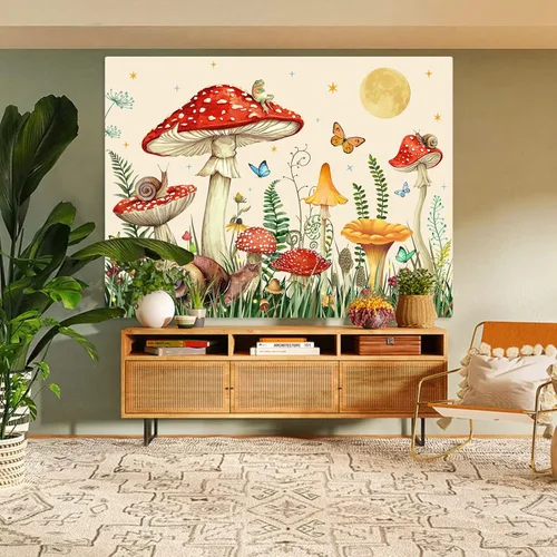Vista 5 de Zussun Tapiz de hongo rojo, tapices de luna y estrella para dormitorio, estética de color beige, noche estrellada, planta verde, tapiz de pared