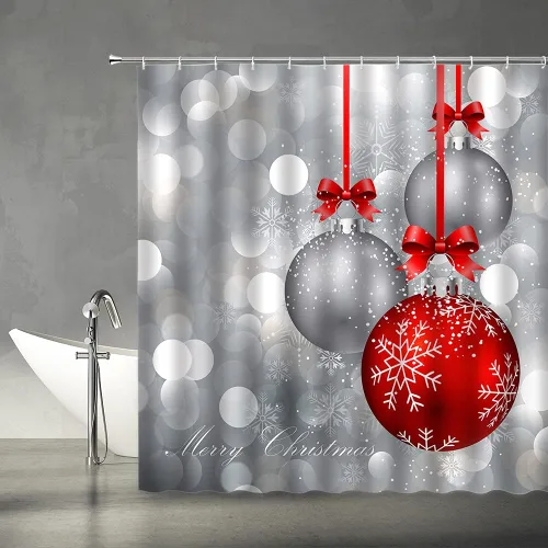 Vista 5 de Cortina de ducha de Feliz Navidad, bola de Navidad azul y plateada, brillante, impresa, feliz año nuevo, fiesta, juego de decoración de baño