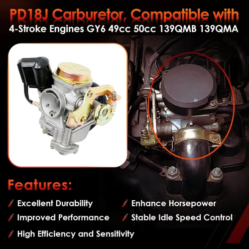 Vista 2 de Carburador GY6 50cc PD18J 18mm Compatible con 4 tiempos 49cc 50cc 80cc 139QMB 139QMA Motor de Ciclomotor para Scooter Taotao Kymco con Filtro