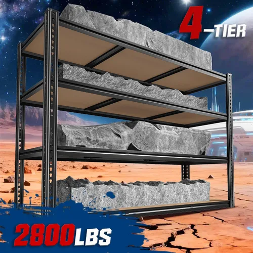 Vista 4 de ROOMFAVE Estantería de metal para garaje de 60 pulgadas de ancho, estantes de almacenamiento de 2800 libras, estantería ajustable de 4 niveles