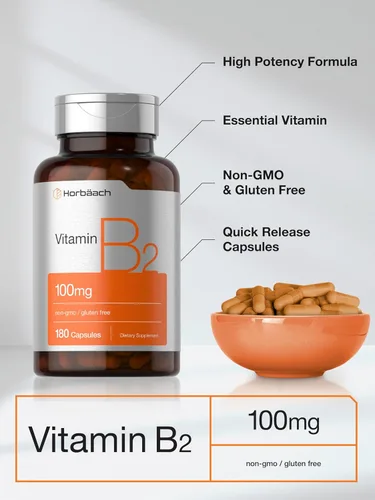 Vista 4 de Horbäach Vitamina B2 100 mg 180 cápsulas Suplemento de riboflavina Sin OMG y sin gluten