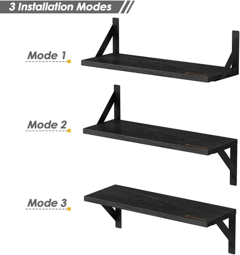 Vista 5 de Forbena Juego de 3 estantes flotantes negros para baño, estantes de madera para libros, estante rústico para almacenamiento, organizador de baño
