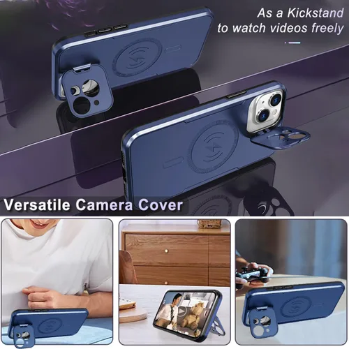 Vista 5 de Funda para iPhone 15 Plus compatible con MagSafe Charger plegable, soporte protector de cámara, superficie brillante brillante de doble capa