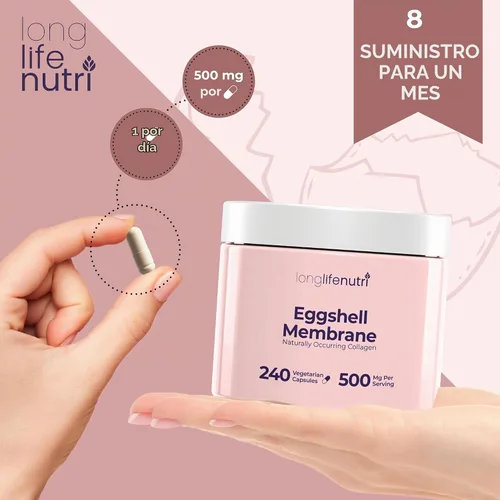 Vista 5 de LongLifeNutri Eggshell Membrane 500mg - Suplemento orgánico NEM para la función articular y comodidad, 240 cápsulas vegetarianas, suministro para 8