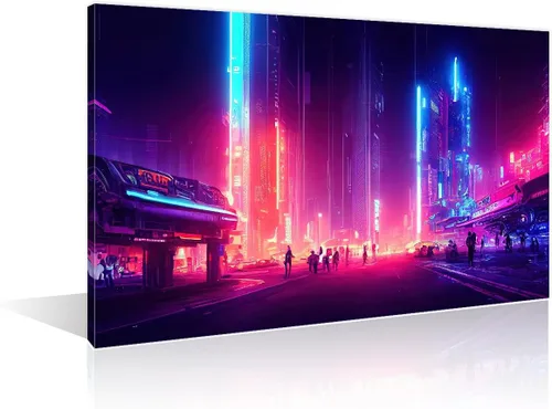Vista 41 de 1 panel de cuadros de la ciudad de Cyberpunk, arte de pared, representación de vallas publicitarias, edificios modernos en la capital con obras