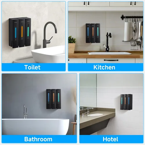 Vista 2 de Dispensador de champú y acondicionador, dispensador de jabón de ducha, dispensador de 3 cámaras, sin taladro, dispensador de champú para pared