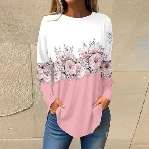 Vista 2 de DealinM Womens Tops Dressy Casual Solid Long Sleeve Outfits Round Neck Lightweight Sweatshirts Casual Loose T Shirt