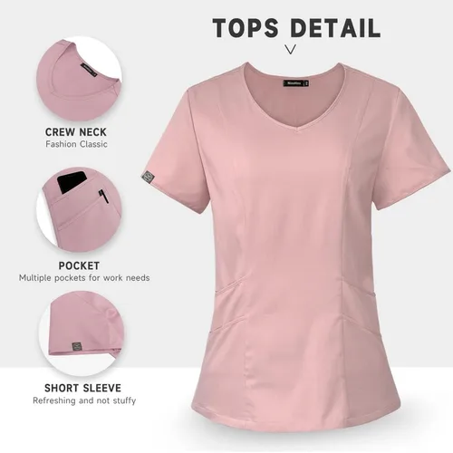 Vista 4 de niaahinn Conjunto de ropa quirúrgica para mujer, uniformes de enfermería de colores sólidos, cuello en V, camiseta médica clásica y pantalones