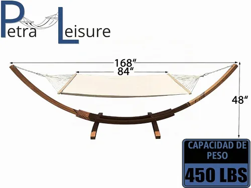 Vista 3 de Soporte para hamaca de arco de madera tratada al agua de 14 pies + cama hamaca premium acolchada, doblemente acolchada. Cama para 2 personas. Beige