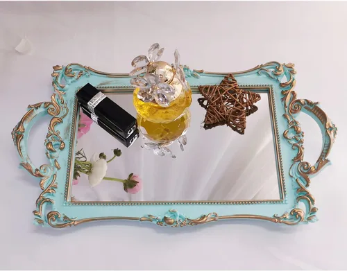 Vista 9 de Bandeja Espejo Decorativa Rectangular Pequeña, Estilo Francés, Organizador de Maquillaje, Organizador de Joyas, Bandeja para Servir, 13" x 7.8