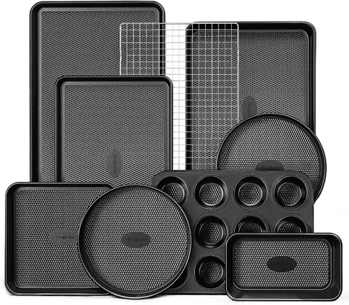 Vista 10 de HONGBAKE Juego de 9 moldes para hornear antiadherentes, apilables no tóxicos con textura de diamante, juego de bandejas para horno para cocinar