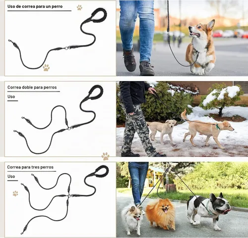 Vista 5 de Correa para perro de 3 vías, correa de perro de 57 pulgadas desmontable giratoria 360 sin enredos con mango acolchado suave para perros Negro de 3