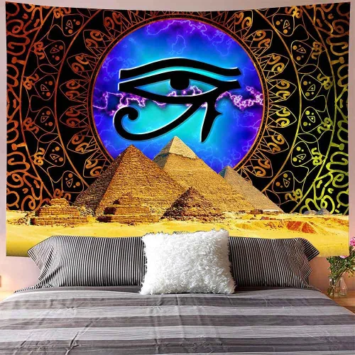 Vista 6 de Aidatain Tapiz de pirámide egipcio ojo de Horus para colgar en la pared, mandala dorado bohemio, franela de mitología antigua, tamaño grande, 80