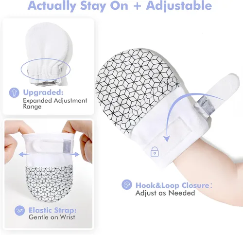 Vista 3 de HAPIU Manoplas para bebé que no se rayan, 100% algodón transpirable, guantes ajustables para niños y niñas, recién nacidos, 12 M