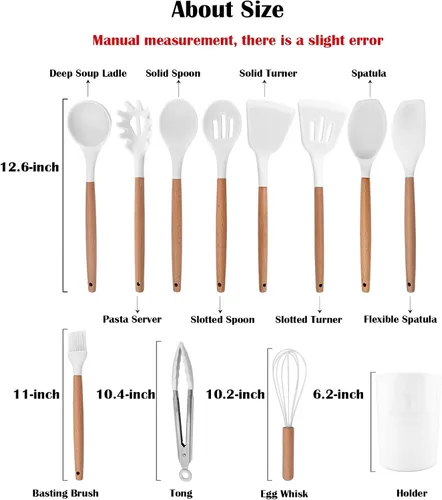 Vista 5 de Juego de utensilios de cocina de silicona con mango de madera, utensilios de cocina de silicona antiadherentes, juego de espátula blanca, cuchara