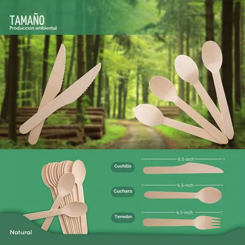 Vista 6 de Tenedores de madera desechables, paquete de 100 unidades, 6.5 pulgadas de longitud, biodegradables, utensilios de madera natural, ideales