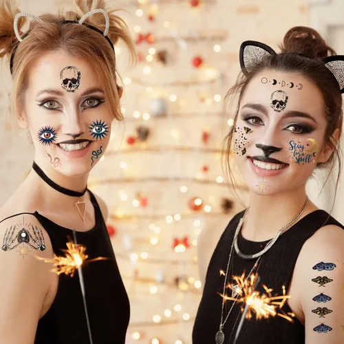 Vista 3 de Cheerland Tatuajes de Halloween, esqueleto, tatuajes temporales, negro y blanco, gótico, recuerdos de fiesta de cumpleaños, tatuajes de temperatura