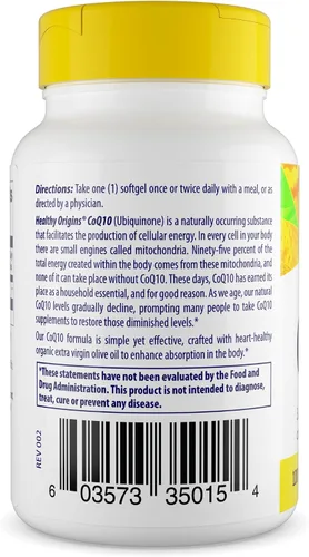 Vista 2 de Healthy Origins CoQ10 (Kaneka Q10) 100 mg cápsulas blandas - Suplemento energético y de salud cardíaca - Sin gluten - Sin OMG - 30 cápsulas blandas