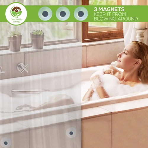 Vista 4 de Clean Healthy Living Revestimiento de cortina de ducha transparente de PEVA resistente con imanes y ventosas, 70 x 72 pulgadas de largo