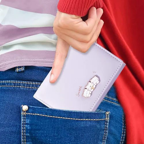 Vista 5 de Sunwel Fashion Kawaii - Cartera para tarjetas de crédito para gatitos pequeños ventana de identificación para mujeres y niñas Púrpura
