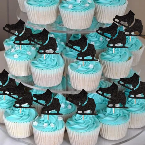 Vista 4 de Rsstarxi Paquete de 24 adornos para cupcakes de patinaje sobre hielo con purpurina para deportes sobre hielo, para temática de patinaje, baby