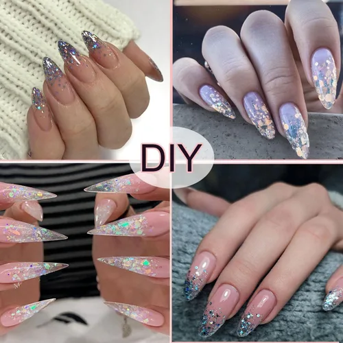Vista 3 de 6 colores para arte de uñas Gliiter holográfico en copos de uñas para arte de uñas, polvo de uñas reflectante con purpurina para mujeres y niñas