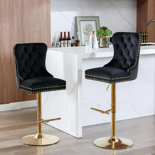 Vista 43 de Juego de 2 modernos taburetes de bar giratorios ajustables, sillas de bar copetudas de terciopelo beige con respaldo y ribete de cabeza de clavo