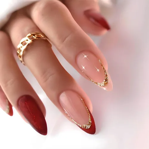 Vista 7 de Uñas postizas a presión con punta de almendra mediana, uñas postizas artificiales con diseño de líneas doradas, cobertura completa, reutilizables