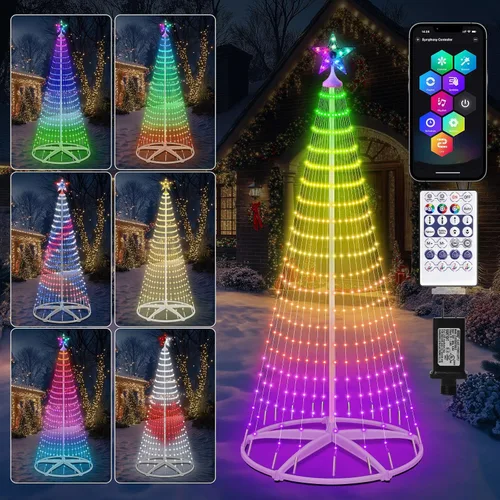 Vista 13 de Árbol de Navidad iluminado con conos, 250 luces LED de 1.8 m con 11 modos de iluminación, temporizador, control remoto, árbol artificial de Navidad