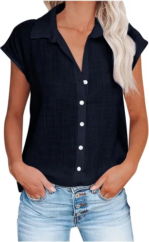 Vista 67 de Ceboyel Camisas para mujer de moda de verano, algodón, lino, manga corta, cuello con botones, blusa casual para mujer 2023