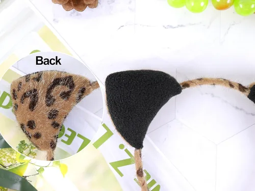 Vista 3 de Diadema con orejas de gato peludas, de doble cara, color negro leopardo