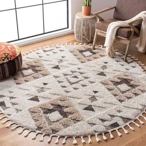 Vista 24 de SAFAVIEH Alfombra marroquí con borlas, 2 x 3 pies, marfil y marrón, no desprende pelusa y fácil de limpiar, textura alta y baja, ideal
