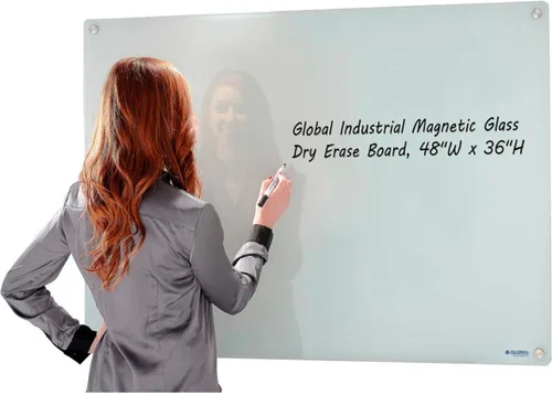 Vista 4 de Global Industrial Pizarra blanca magnética de vidrio de 36 pulgadas de ancho x 24 pulgadas de alto, sin marco, color blanco, incluye borrador y paño