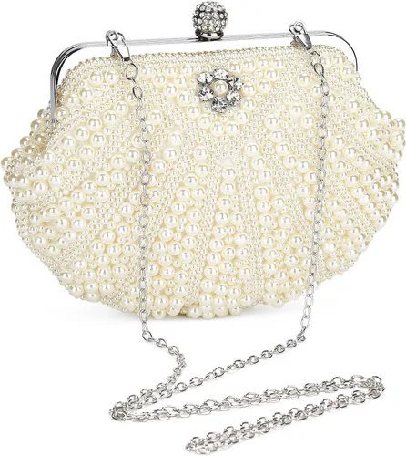 Vista 10 de UBORSE Bolso de mano de perlas para mujer, bolso de noche con cuentas de cristal noble para boda, con cadena de perlas