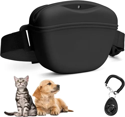 Vista 9 de Bolsa de golosinas para perros con clicker de entrenamiento, bolsa de silicona para golosinas, cierre magnético sin derrames, cinturón manos libres