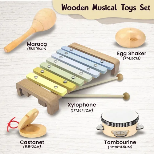 Vista 3 de Juego de instrumentos musicales para niños pequeños, juguetes Montessori de madera para bebés, juguetes musicales sensoriales para niños pequeños