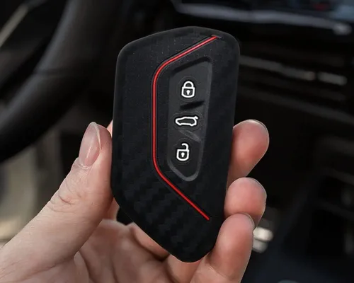 Vista 5 de iJDMTOY Funda para llavero de silicona suave con patrón de fibra de carbono negra con rayas rojas compatible con Volkswagen MK8 Golf/GTI ID 4, Skoda