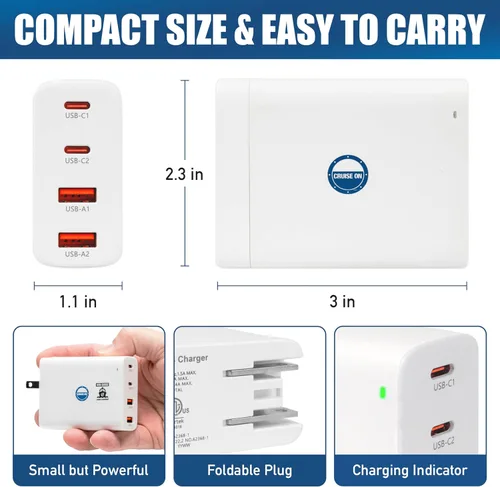 Vista 5 de Regleta de alimentación aprobada para cruceros (Royal Caribbean, Disney y más) – Cargador sin sobretensión [2 USB, 2 USB-C] Bloque de carga de 4