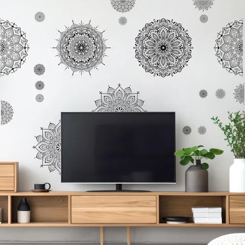 Vista 9 de Kazova Calcomanía de pared de mandala grande, murales artísticos negros para despegar y pegar, calcomanías de mandala boho para dormitorio, sala