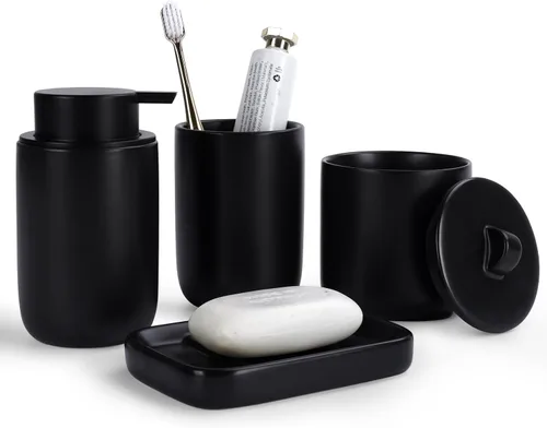 Vista 10 de BosilunLife Juego de accesorios de baño de albaricoque, juego de accesorios de baño de cerámica, dispensador completo de jabón espumoso y soporte