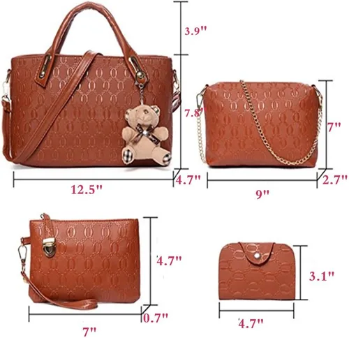 Vista 25 de FiveloveTwo. Bolso de mano para mujer, 4 piezas, con asa superior, bolsa de hombro, soporte para tarjetas