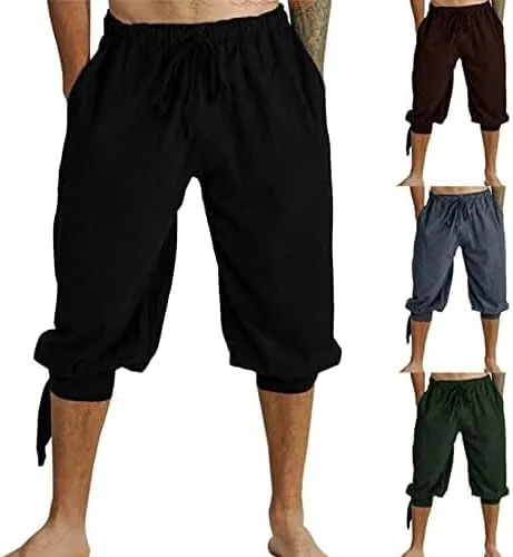 Vista 4 de GRAJTCIN Pantalones cortos de disfraz de pirata medieval para hombre, pantalones de cosplay renacentistas vikingos con cordones