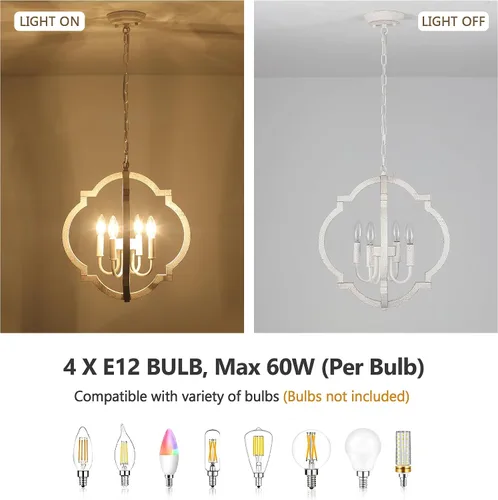 Vista 4 de Lámpara de araña blanca para comedor - Lámpara colgante moderna de 4 luces, luces colgantes de madera rústica para cocina, isla, sala de estar