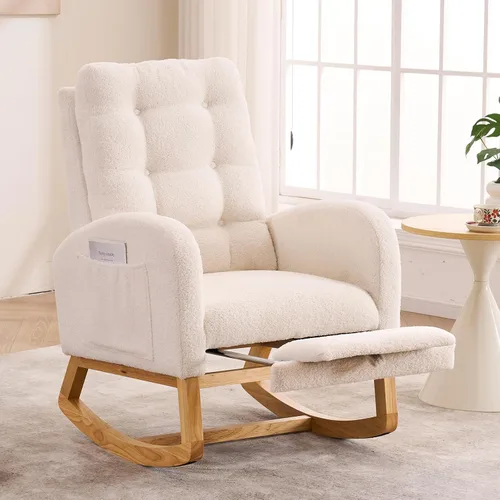Vista 10 de Mecedora con reposapiés para cuarto de bebé, silla mecedora tapizada de peluche con bolsillo lateral, patas de madera maciza, respaldo alto