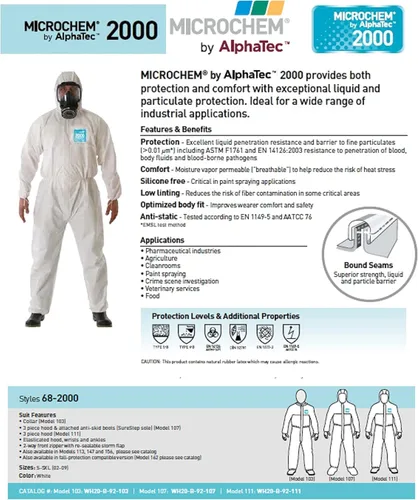 Vista 3 de Trajes de materiales peligrosos con capucha, desechables, resistentes a los productos químicos, elásticos, Ansell Alphatec 682000 unisex