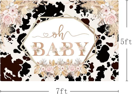 Vista 3 de MEHOFOND Telón de fondo bohemio de vaca Oh Baby para niñas, baby shower, rosa rubor, floral, primera vaca santa, hierba de las pampas, estampado