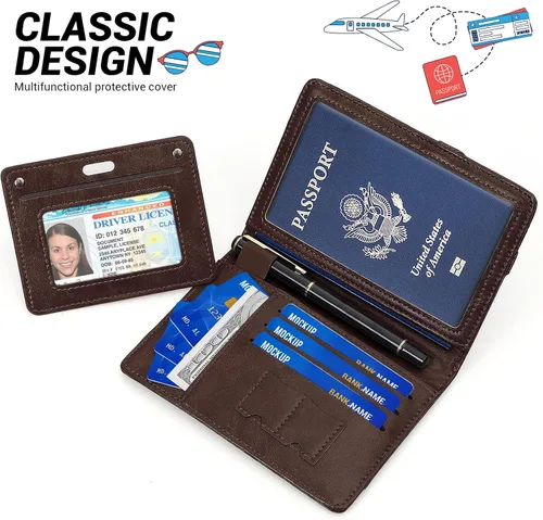Vista 2 de YINHEXI Funda para pasaporte y funda para tarjeta de vacunación, funda para pasaporte con bloqueo RFID de cuero para mujeres y hombres, organizador